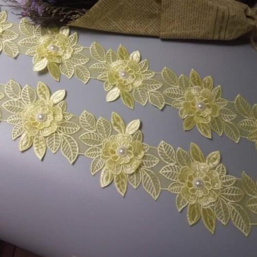 1 yards 9X13 cm Yellow Pearl Flower Leaf Handmade Beaded Embroidered Lace Trim Ribbon Applique Wedding Dress Sewing Craft