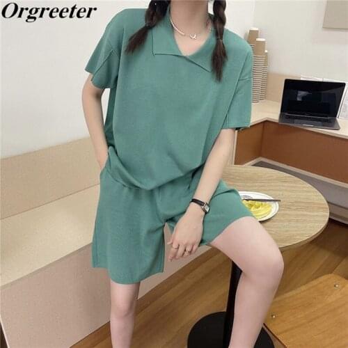 2021 Summer Fall Tracksuit Women Two Piece Sets Solid Lapel Loose Pullover Sweater + Shorts Casual Knitted Suits