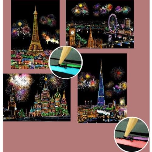 21*29cm 4PC Architecture Night Scene Scratch Paintings Card European Building city Adults decompression Creative Drawing Toys