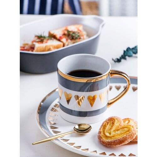 White Ceramic Coffee Mug with Gold Handle Porcelain Coffee Cup with Lid and Spoon Ceramic Drinkware Wedding Gifts SZ-TM21032212