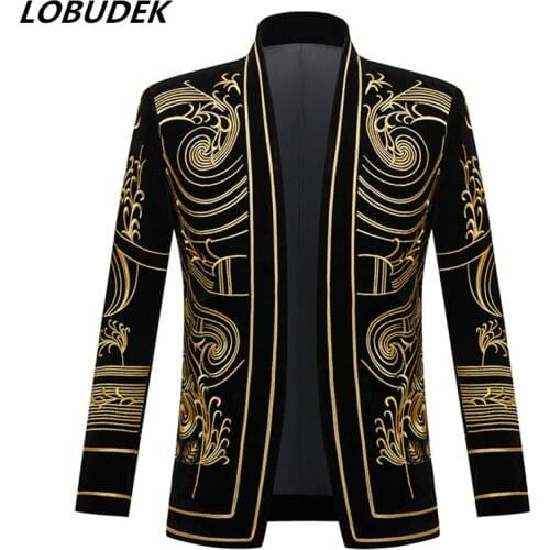 Bar Nightclub Male Singer Court Blazers Gold Black Embroidery Velvet Suit Jacket Vintage Slim Tuxedo Stylish Performance Clothes