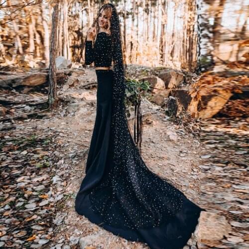 Black Shiny Bridal Veils Tulle Stars Moon Sequins Wedding Veils Accessories Long Train Vintage Veils for Brides Wedding Veils