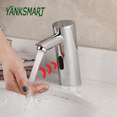 YANKSMART Chrome Polished Bathroom Basin Sink Automatic Touch Sensor Faucet Deck Mounted Water Mixer Tap Solid Brass Taps