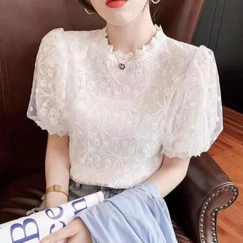 Lace net yarn short-sleeved chiffon womens clothing 2021 new style loose western style small shirt women