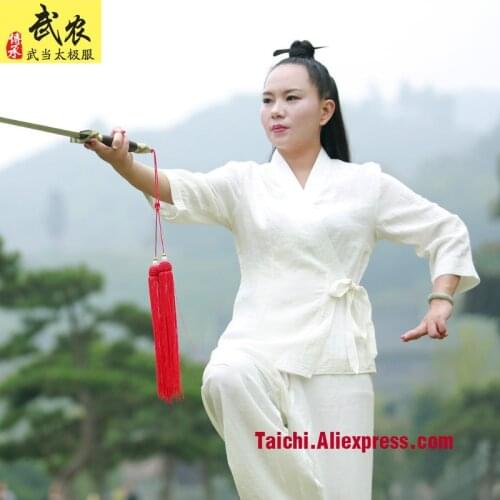 Linen Woman Female Oblique Lapel Short Sleeves Tai Chi Suit Martial Art Uniforms Wudang White Color
