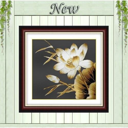 Lotus pond flower diy black cloth painting counted on canvas DMC 14CT 11CT unprinted Cross Stitch Embroidery kits Needlework Set