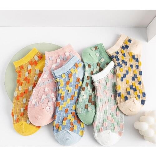 6Pairs/lot Fashion Mosaic Women Socks Funny Colorful Cotton Women Ankle Socks Girls Happy Sox Short Socks High Stretch Hosiery