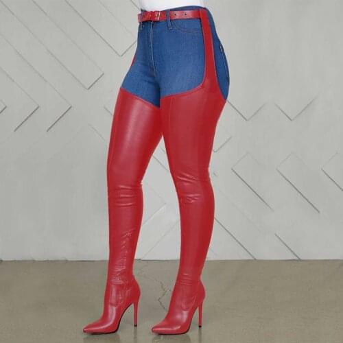 Fashion Show Lady Dress Crotch Thin High Heel Over The Knee Boots Neon Mirror Leather Women 39 s Boots Pointed Toe Work Boots