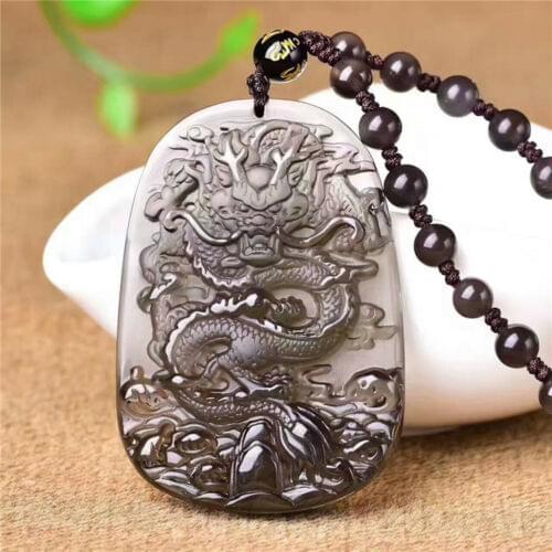 Natural Obsidian Hand Carved Fengshui Zodiac Dragon Pendant With Necklace AAAAAAAA Free shipping