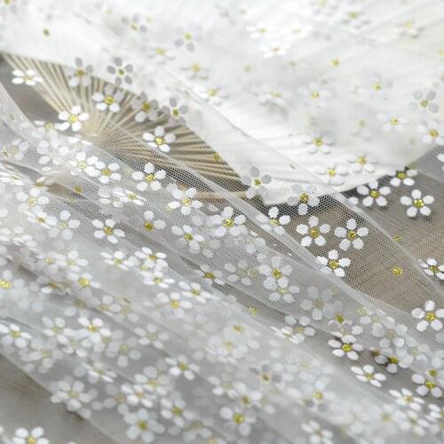 One meter High quality mesh fabric gold stamp Daisy printing tissu childrens dress, wedding dress, DIY fabrics