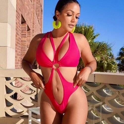 Solid Monokini Sexy Hollow Out Swimsuit Women Strap Swimwear 2021 High Cut Bathing Suit Rings Push Up One Piece Suits Beach Wear
