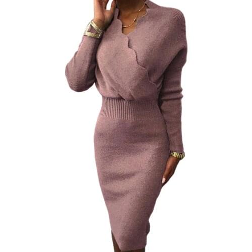 Autumn Women Lace V Neck Solid Color Long Sleeve Bodycon Knee-length Party Dress 2020 fall women slim midi dress