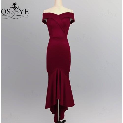Burgundy Mermaid Short Prom Dresses Elastic Evening Gown Off the Shoulder V neck Formal Gowns Short Simple Fish Tail Party Gown