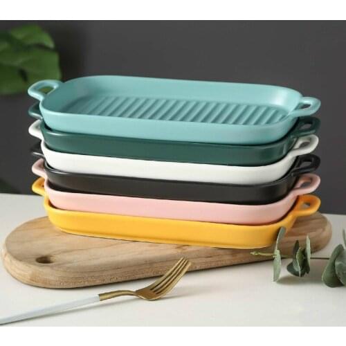 Rectangular Nordic Ceramic Plate Dual Handle Chicken Wings Barbecue Baking Plate Baking Tableware Heat Resistant Tableware Plate