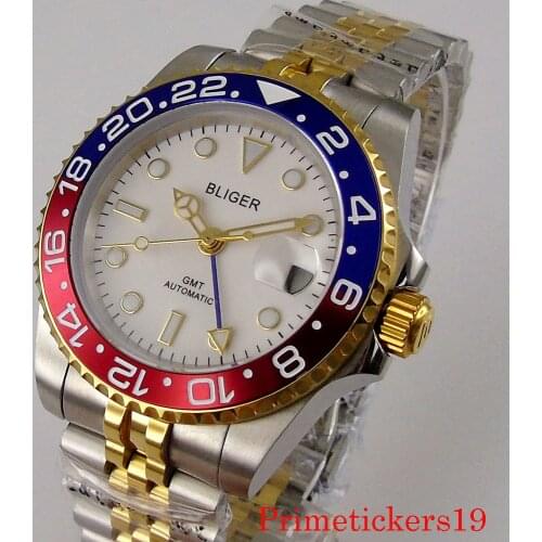 Luxury 40mm bliger gold plated case sapphire glass auto date GMT white dial stainless steel strap automatic men watch