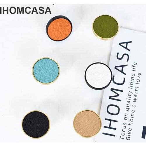 IHOMCASA 12 Colors Copper Brass Leather Knobs Round Black Pull Furniture Locker Kitchen Cabinet Drawer Handles Clothes Hook