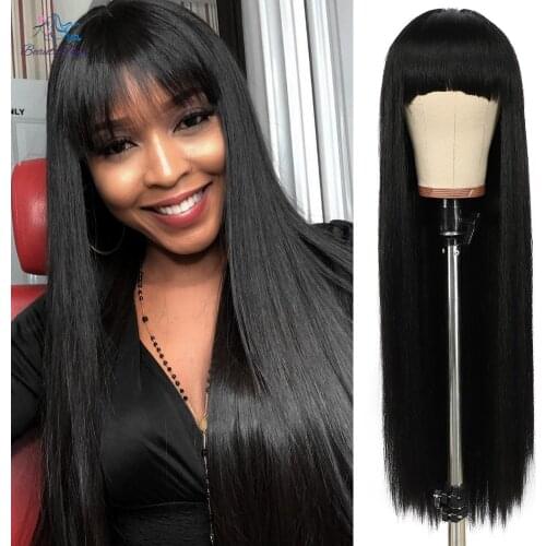 Synthetic Black Bang Women Daily Wig 30inches Long Silky Straight High Heat Fiber Cosplay Party Machine Made Hair Replacement