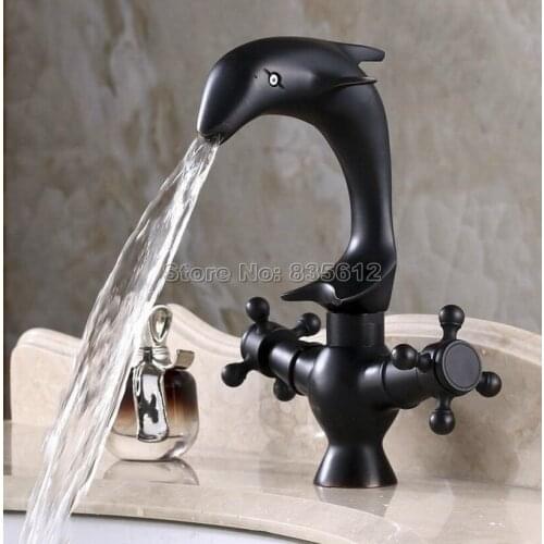 Black Oil Rubbed Dolphin Model Style Bathroom Basin Mixer Tap / Single Hole Deck Mounted Dual Handles Vessel Sink Faucets Wnf314