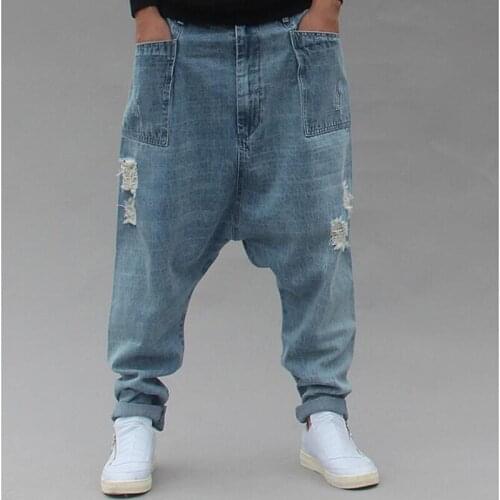 High Quality Loose Baggy Jeans Mens Casual Denim Pants Hip Hop Harem Jeans Trousers Blue Plus Size M-4XL