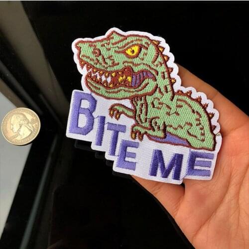 Fun Bite Me Letter Embroidered Patches for Clothes Iron On Cartoon Dinosaur Animal Appliques Jurassic Park Patch Diy Punk Badges