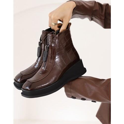 2021 Women Shoes Wedges Square Toe Platform Boots Genuine Leather Ankle Boots winter boots women boots