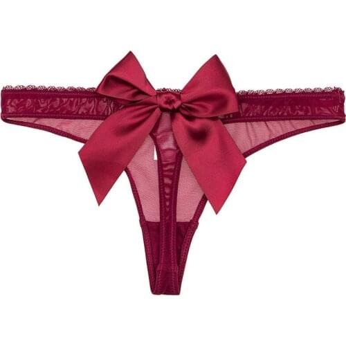 Ladies sexy erotic feminine big bow thong seductive see through panties high end red wine low rise panty CYHWR