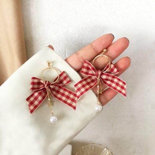 Korean Style Big Plaid Red Bowknot Clip on Earrings Cute Round Circle Star Pearl Tassel Clip Earrings No Piercing Ears for Women
