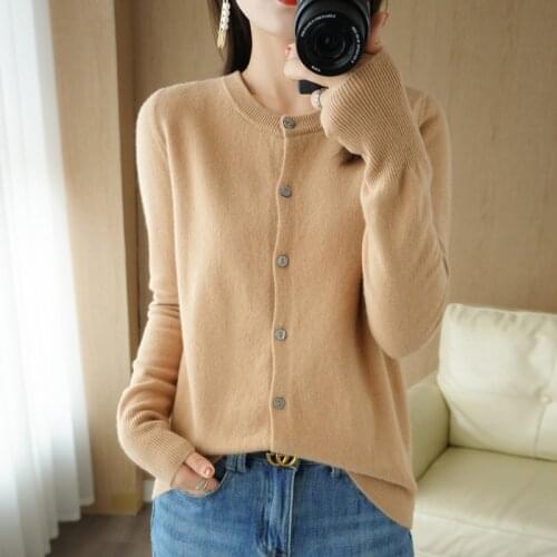 2021 Autumn and Winter New Cashmere Sweater Woman O-Neck Cardigan Casual Knitted Top 100% Pure Wool Female Jacket To Keep Warm