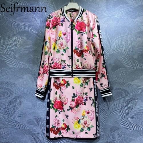 Seifrmann New 2021 Summer Women Fashion Designer Skirts Suits Long Sleeve Loose Coat High Waist Floral Print Pencil Skirts Suits