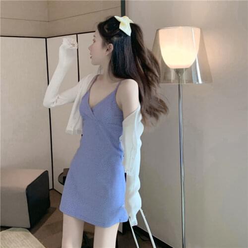 Fashion Summer New Style Small Floral Light Purple Suspender Skirt + Short White Sunscreen Cardigan Two-piece Female