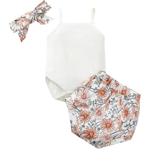 2021 0-24M Summer Baby Girl Clothes White Solid Sleeveless Romper+Floral Print Triangle Shorts+Headband Sweet 3pcs Outfits