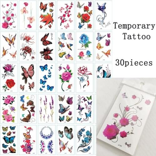 30pcs Temporary Tatoo Sticker Butterfly Lavender Waterproof Fake Tattoo Rose Flower Maple Leaf Design Body Art Tattoos Man Woman