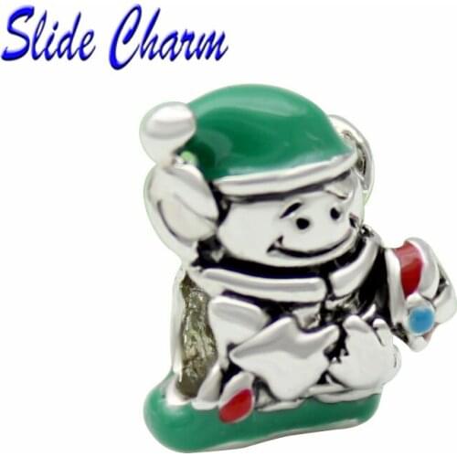 5mm straight hole fashion jewelry DIY charm European style Christmas beads, green enamel Santa Fit Pandora Bracelet Necklace