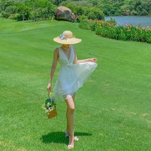 White Silk V-neck Dress 2021 New Spring Sexy Temperament A-line Princess Dress