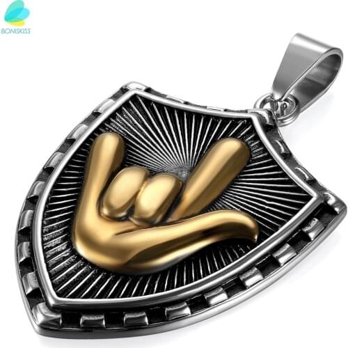 BONISKISS Retro Bronze Stainless Steel I LOVE YOU ROCK Gesture Shield Pendant Men Jewelry With Chain