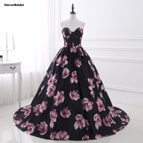 A-line cheap black print floral sweetheart cocktail party dresses vestidos de coctel 2017 in stock size 2-16 with train