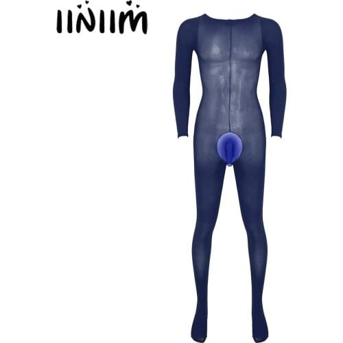 Men Male Exotic Teddies Bulge Pouch Stretchy Bodystocking Solid Color Round Neck Long Sleeve Bodysuit Underwear Nightwear