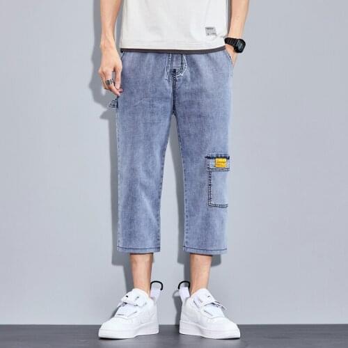 Mens Jeans Pants Summer Cropped Denim Pants Casual Gray Blue Stretch Summer Elastic Waist Drawstring Fashion Posckets Desinger