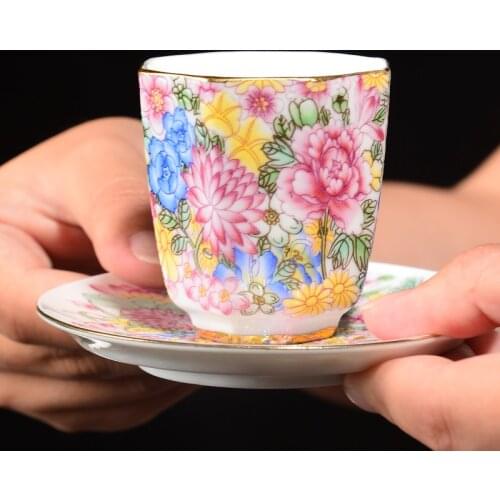 Enamel Tea Set Ceramic Tea Cup Saucer Hand Painted Colorful Flowers Master Cup Single Cup Household Tea Ceremony Accessories