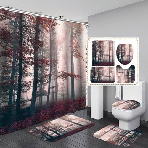 French Forest Shower Curtain Bathroom Curtains Purple Leaves Trees Landscape Non-slip Rug Toilet Cover Carpet Bath Mat Set