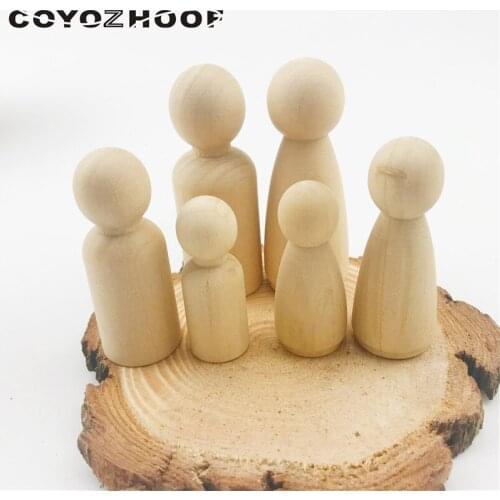 Hot 6Pc Unfinished Wooden Peg Dolls People Peg Dolls Wooden Small Family DIY Crafts Cake Topper Kids Printed Party Wedding Decor