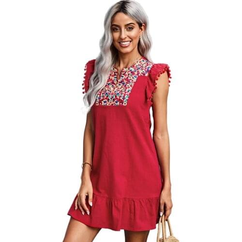 Summer Women Embroidered Floral Dresses Vintage Ethnic Tunic Boho Clothes Vintage Ruffles Fashion Ethnic Sleeveless Casual Lady