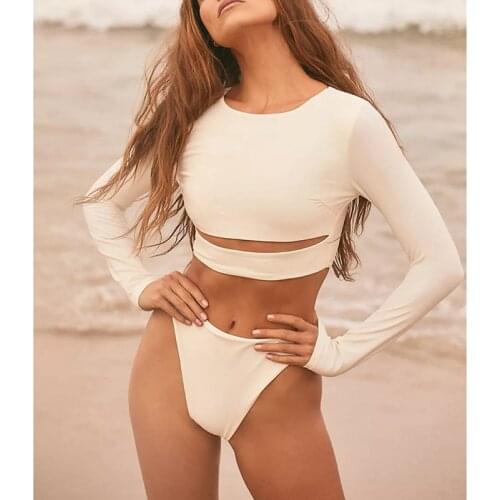 Summer New Style Bikini Long-sleeved Wetsuit Solid Color Sexy Split Womens Swimming Suit