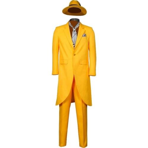The Mask Cosplay Suits for Adult Men Jim Carrey Stanley Yellow Halloween Full Suit Hat Jacket Pants Chest Towel Scarf Costumes