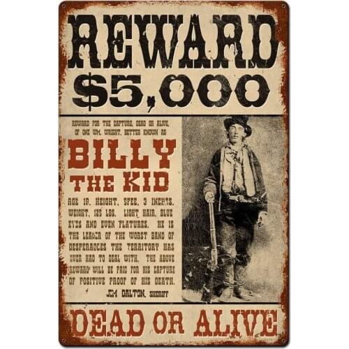 Losea Wanted Billy The Kid Metal Tin Sign Wall Art Decor for Living Room Vintage Art Coffee Bar Signs Home Decor Gifts Decoratio