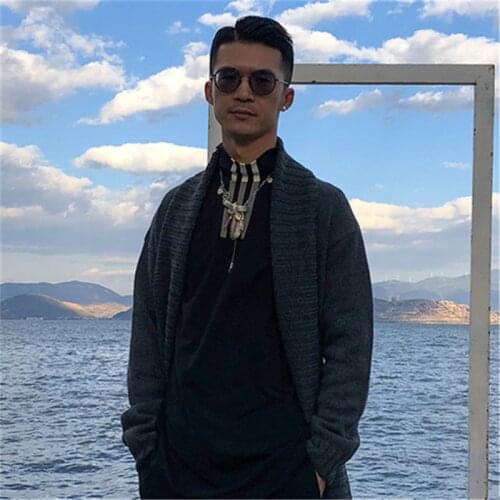 100% hand made pure wool knit men fashion sashes turn-down collar solid long cardigan sweater customized