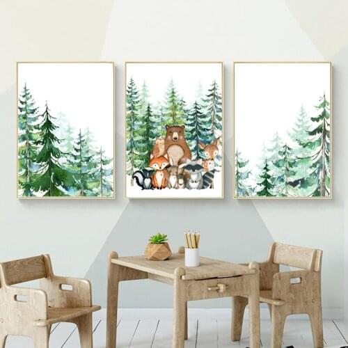 Woodland Animals Nursery Wall Art Prints Bear Owl Fox Rabbit Animal Canvas Painting Nordic Poster Pictures Boys Kids Room Decor