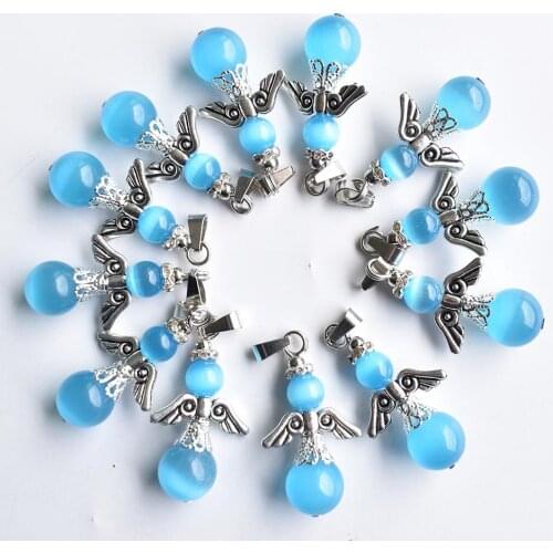 Wholesale 12pcs/lot 2020 new Fashion Blue cats eye stone angel shape pendants for Necklace jewelry making free shipping