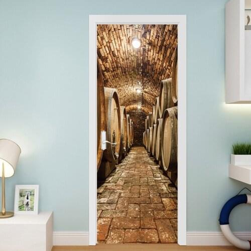 Underground Cellar Oak Barrels DIY Door Wall Sticker Home Decor Kids Room Porch Art Mural Self-adhesive Waterproof PVC Wallpaper