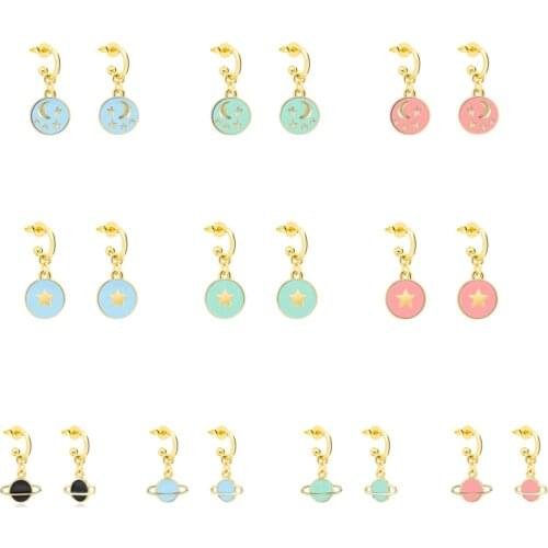 BOAKO 925 Sterling Silver Colorful Enamel Smiley Face Round Charm Dangle Earrings For Women C Shape Circle Pendant Drop Earring